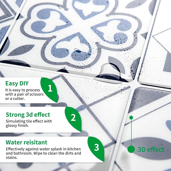 LONGKING Peel and Stick Backsplash Tile Stickers, Admiral Blue Geometric-Shaped Pattern Tile for Kitchen, Stick on Wall Tiles (10 Sheets) | Peel and stick backsplash, self-adhesive wall tile, Admiral Blue, geometric, waterproof, kitchen bathroom wall, ...