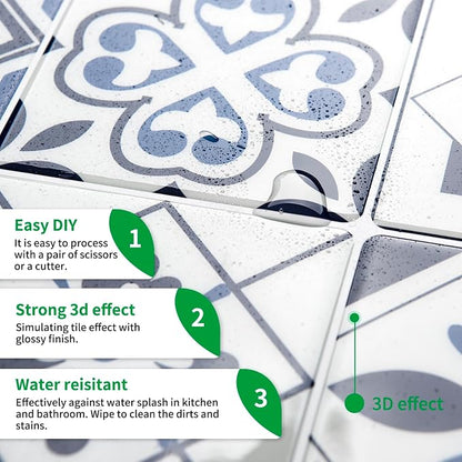 LONGKING Peel and Stick Backsplash Tile Stickers, Admiral Blue Geometric-Shaped Pattern Tile for Kitchen, Stick on Wall Tiles (10 Sheets) | Peel and stick backsplash, self-adhesive wall tile, Admiral Blue, geometric, waterproof, kitchen bathroom wall, ...