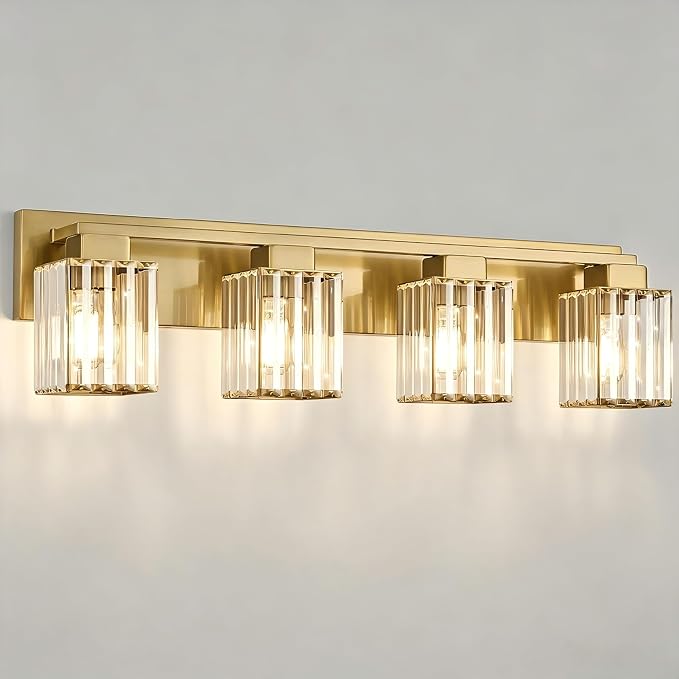 Brushed Gold Bathroom Light Fixtures, 3-Light Vanity Light Over Mirror | Wall Sconces with Square Crystal Shades, E26 Socket, Modern Vanity Lights for Bathroom (Bulbs Not Included)