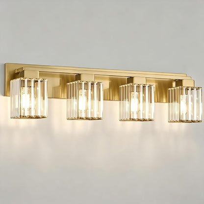 Brushed Gold Bathroom Light Fixtures, 3-Light Vanity Light Over Mirror | Wall Sconces with Square Crystal Shades, E26 Socket, Modern Vanity Lights for Bathroom (Bulbs Not Included)