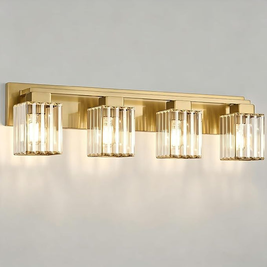 Brushed Gold Bathroom Light Fixtures, 3-Light Vanity Light Over Mirror | Wall Sconces with Square Crystal Shades, E26 Socket, Modern Vanity Lights for Bathroom (Bulbs Not Included)
