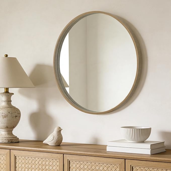 Round Wood Mirror 28" Circle Wall Mirror for Bathroom Round Wall Mirror for Wall Decor, Vanity, Entryway Living Room, Honey
