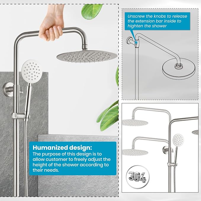 gotonovo Outdoor Shower 304 Stainless Steel, Brushed Nickel, Single Handle | Rain 8 Inch Outdoor Shower Head with Handheld Kit Fixtures System Faucet Set with Valve Wall Mount for Seaside Backyard Pool