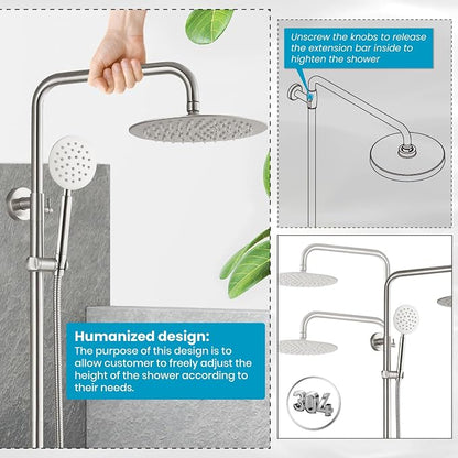gotonovo Outdoor Shower 304 Stainless Steel, Brushed Nickel, Cross Handle | Rain 8 Inch Outdoor Shower Head with Handheld Kit Fixtures System Faucet Set with Valve Wall Mount for Seaside Backyard Pool