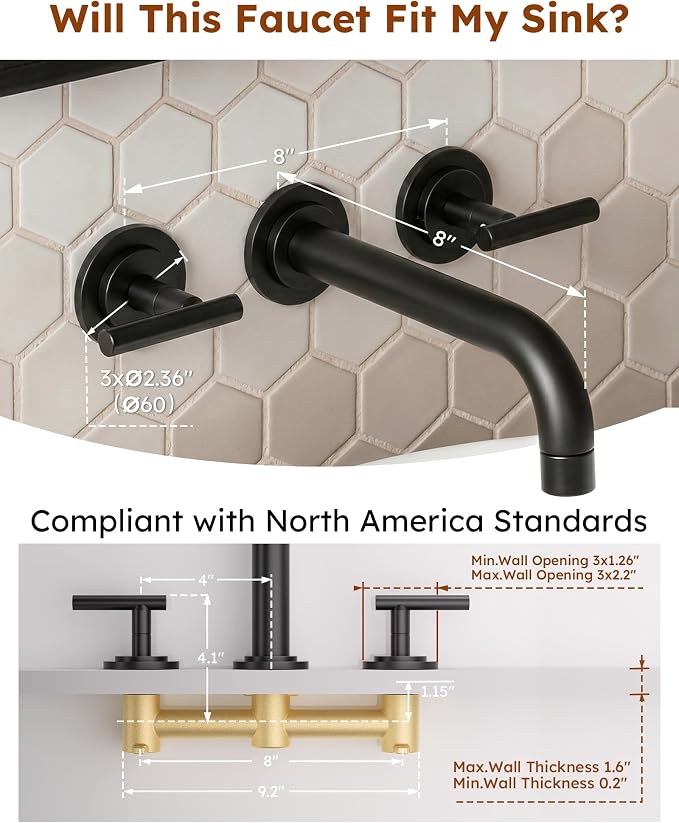 WOWOW Matte Black Bathroom Faucet, 2 Handle Wall Mount Bathroom Faucet and Rough-in Brass Valve Included, Vessel Sink Faucet Wall Mounted 3 Holes Elegant Classic Spout