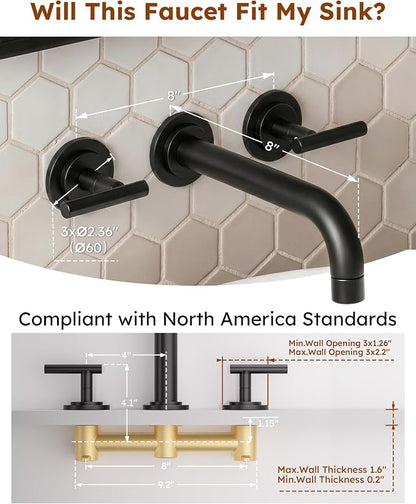 WOWOW Matte Black Bathroom Faucet, 2 Handle Wall Mount Bathroom Faucet and Rough-in Brass Valve Included, Vessel Sink Faucet Wall Mounted 3 Holes Elegant Classic Spout