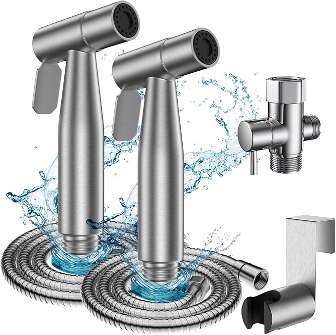 FREDI Bidet Sprayer for Toilet - Handheld Sprayer Kit, Adjustable Pressure, Stainless Steel, Easy to Install (2-Pack, Brushed Nickel)