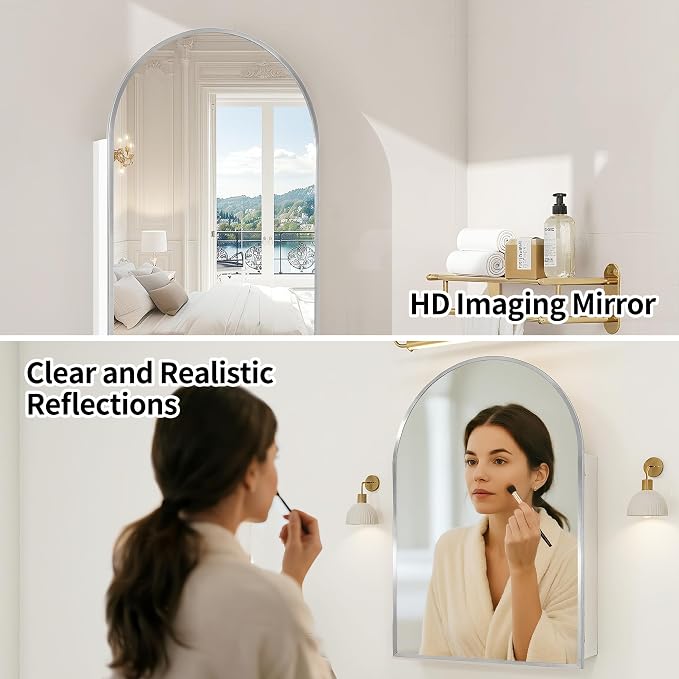 Arched Medicine Cabinet with Mirror,Silver Bathroom Mirrored Medicine Cabinet Organizer,Bath Vanity Mirror with Storage,Aluminum Wall Mount with Adjustable Shelves,20 x30 inch