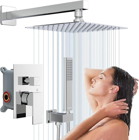 Rain Shower System Sets Faucet: EMBATHER 10 Inch Overhead Rainhead Shower Combo Set With Handheld And Valve-Luxury Modern Mixer Rainfall Polished Chrome Shower Faucets Sets Complete
