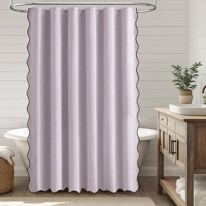 BTTN Extra Long Scalloped Linen Textured Shower Curtain, 72x96, Lavender | Extra Tall Size, 230GSM Waterproof Polyester, Heavy Duty Fabric, 12 Plastic Hooks, Boho Farmhouse Style, Machine Washable