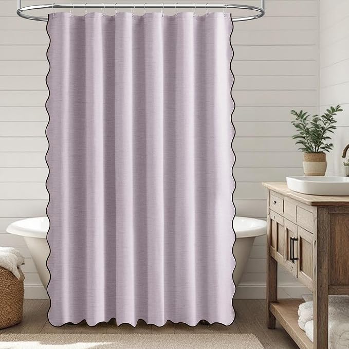 BTTN 72x78 Boho Scalloped Linen Textured Cloth Shower Curtain Set, Lavender | Long Size, 230GSM Waterproof Polyester, Heavy Duty Fabric, 12 Plastic Hooks, Elegant Modern Farmhouse Style, Machine Washable