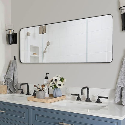 22" x 60" Full Length Wall Mirror, Large Black Mirror for Bathroom, Rounded Corner Rectangle Body Mirror for Floor and Leaning