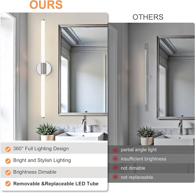 LED Bathroom Vanity Lights Chrome Wall Sconce Modern 30" | 360° Bright Bathroom Light Fixture, Dimmable Vanity Light, Hardwired Wall Light 4000K for Mirror