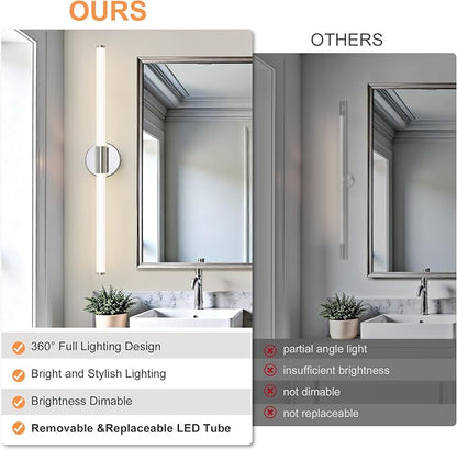 LED Bathroom Vanity Lights Chrome Wall Sconce Modern 30" | 360° Bright Bathroom Light Fixture, Dimmable Vanity Light, Hardwired Wall Light 4000K for Mirror