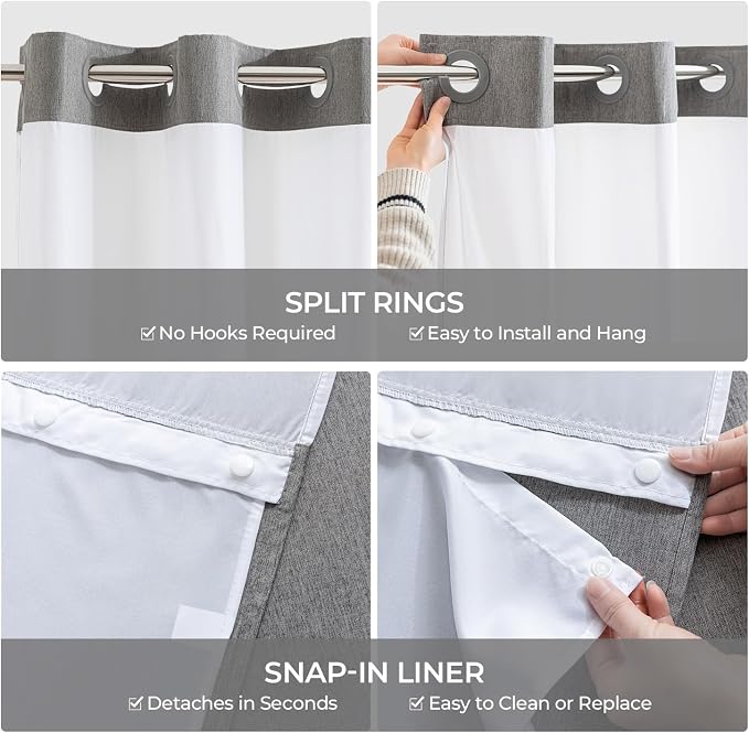 River Dream Linen Textured No Hooks Shower Curtain with Liner,Grey,71x86 | Extra Long,Mesh Top Window,with Snap-in Liner,Heavy Duty Fabric,Quick Dry,Bottom Magnet,Water-Repellent,Washable,Bathroom Set