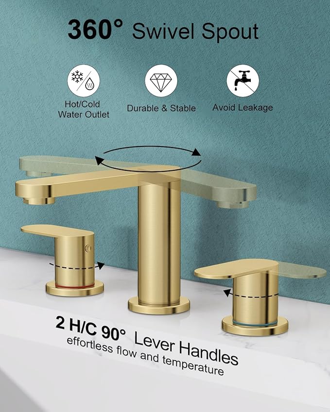 BWE 2 Pack Brushed Gold Bathroom Faucet 3 Hole, 8 Inch Widespread Gold Bathroom Faucets with Pop-up Drain and Supply Lines, 360° Swivel Spout 2-Handle Sink Faucet for Bath Vanity