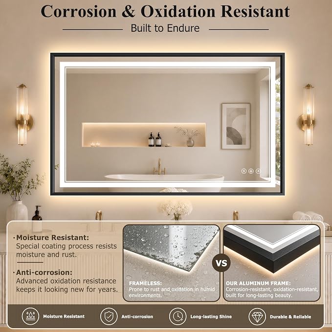 30"x48" LED Bathroom Mirror with Lights, Backlit + Front Lit, Anti-Fog | Lighted Bathroom Mirror with One-Piece Aluminum Alloy Frame, HD Shatterproof Tempered Glass, Dimmable, Memory Function