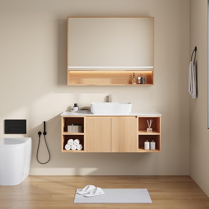 48" Floating Bathroom Vanity with Sink, Modern Vanity Cabinet with Sintered Stone Countertop, Wall Mount Bathroom Sink with Storage, Ceramic Basin, Light Wood (Pure White)