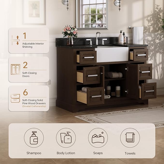 48" Bathroom Vanity with Sink, Fully Assembled, Walnut | Solid Wood Frame with Quartz Countertop, Ceramic Sink & Backsplash, Soft-Close Doors and 6 Full-Extension Drawers