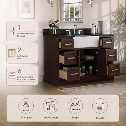 48" Bathroom Vanity with Sink, Fully Assembled, Walnut | Solid Wood Frame with Quartz Countertop, Ceramic Sink & Backsplash, Soft-Close Doors and 6 Full-Extension Drawers