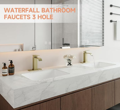 Brushed Gold Bathroom Faucets Evolvegoods Modern Waterfall Bathroom Faucet | Single Handle 1 or 3 Hole Bathroom Sink Faucet RV Mixer Tap Vanity Faucet with Deck Plate Pop-up Drain and Supply Lines