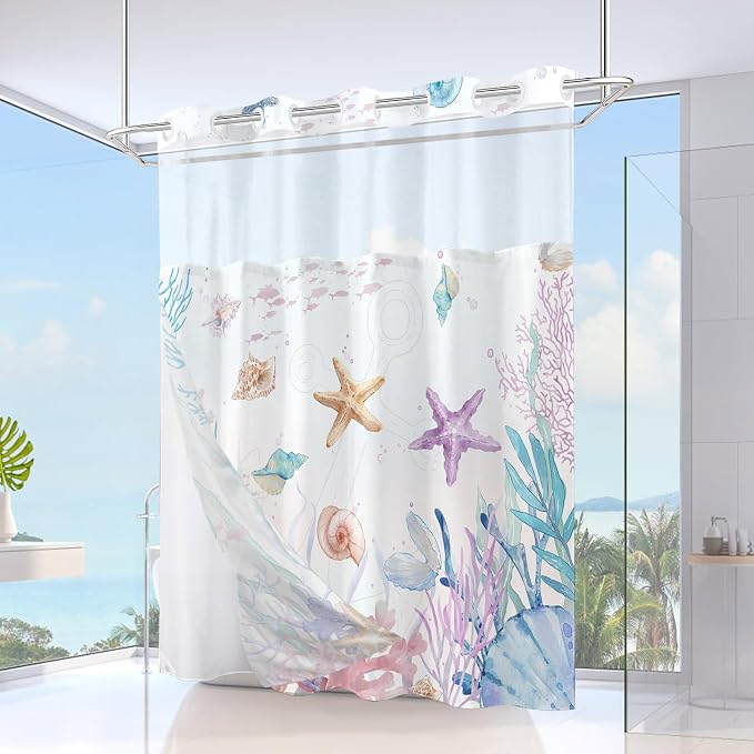No Hook Shower Curtain and Liner Set, Watercolor Purple Beach Coastal 71x74 | Nautical Ocean for Bathroom, with Snap in Liner Replacement, Mesh Top Window, Waterproof, Machine Washable, Quick-Drying