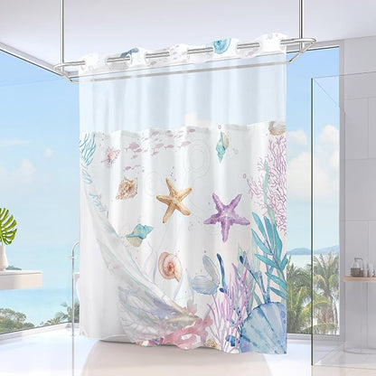 No Hook Shower Curtain and Liner Set, Watercolor Purple Beach Coastal 71x74 | Nautical Ocean for Bathroom, with Snap in Liner Replacement, Mesh Top Window, Waterproof, Machine Washable, Quick-Drying