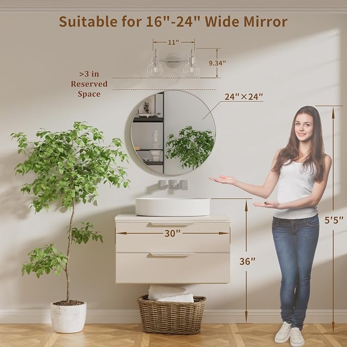 2 Lights Bathroom Vanity Light Fixtures Over Mirror Modern Nickle | Wall Sconce,Elegant Globe Glass Shade,E26 Base, UL Certified，Anti-Rust,Damp Rated,Brushed Nickel,Bathroom Bedroom Living Room