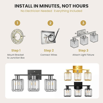 Crystal Bathroom Light Fixtures, 3-Light Brushed Nickel, Vanity Lights for Bathroom Over Mirror, Modern Bath Wall Sconce for Mirror Bedroom Living Room
