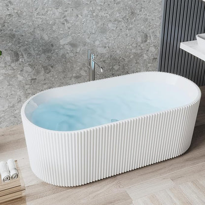 67" Freestanding Bathtub, Acrylic Soaking Tub with V Shape Pleated Design, Chrome Drain & Classic Slotted Overflow, CUPC Certified, Gloss White for Modern Bathroom