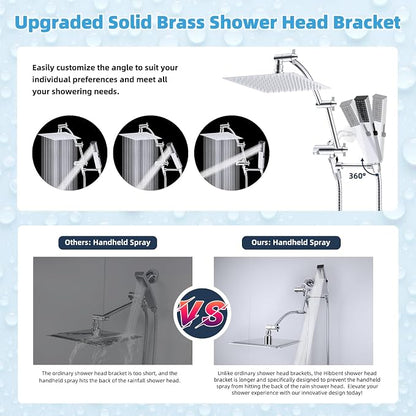 Hibbent All Metal CUPC Certified 8'' Rainfall Shower Head, Dual Shower Head Combo with 4 Handheld Sprays, High Pressure Shower Wand, 16'' Adjustable Extension Arm, 71'' Hose, Shower Holder, Chrome