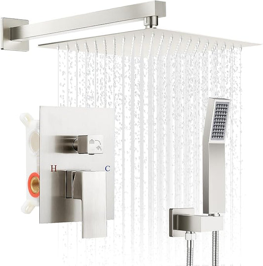 Brushed Nickel Shower Faucet Set, 10 inch Rain Shower System w/Pressure Balance Valve, Wall Mounted 2-Functions Bathroom Shower Systems w/Rain Shower and Handheld Spray Shower Trim Included