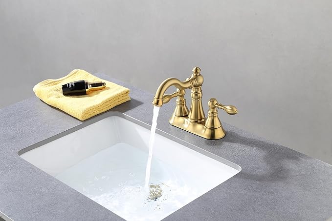 Two Handle Brushed Gold Bathroom Faucet 3 Hole with Plastic Overflow Pop-Up Drain,Swivel Spout Bathroom Sink Faucet 4 Inch Centerset,Meets cUPC NSF 61-9 AB1953,F-0048-BG