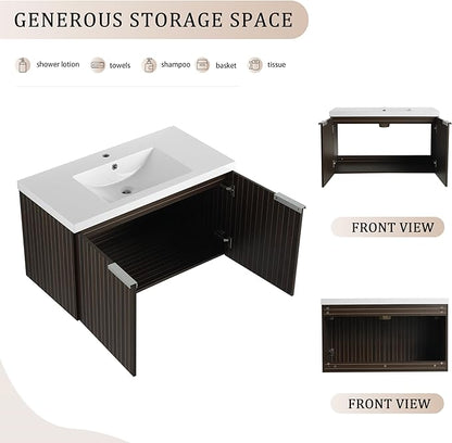 SSLine Wall Mounted Bathroom Vanity with Sink Combo Modern 36-Inch Single Bathroom Vanity Set with Top Basin &Storage Cabinet Wood Hanging Bath Cabinet w/Resin Sink for Small Space(Dark Brown Stripe)
