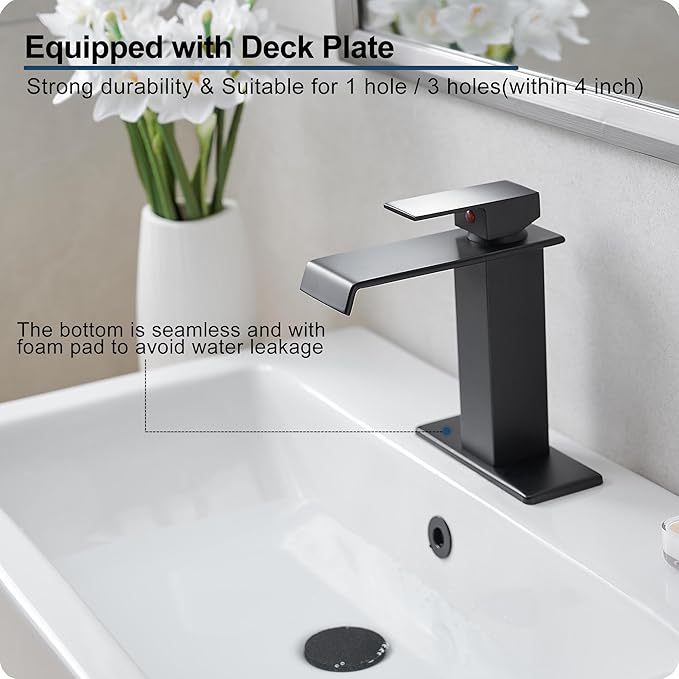 Waterfall Bathroom Faucet, Brass Matte Black Bathroom Faucet 1 Hole or 3 Holes, Bathroom Faucets Single Handle, 4 Inch Bathroom Sink Faucet with Deck Plate & Pop-Up Drain for Lavatory No Noise