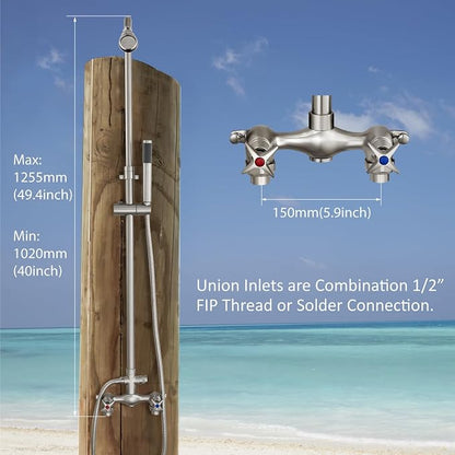 Aolemi Outdoor Shower Kit with Handheld,Round Rain Shower,Brushed Nickel | 2-Handle Hot and Cold Control, Adjustable Height, 6-Inch Center Valve, 59-Inch Hose, Winter Drainage Outdoor Shower Fixtures
