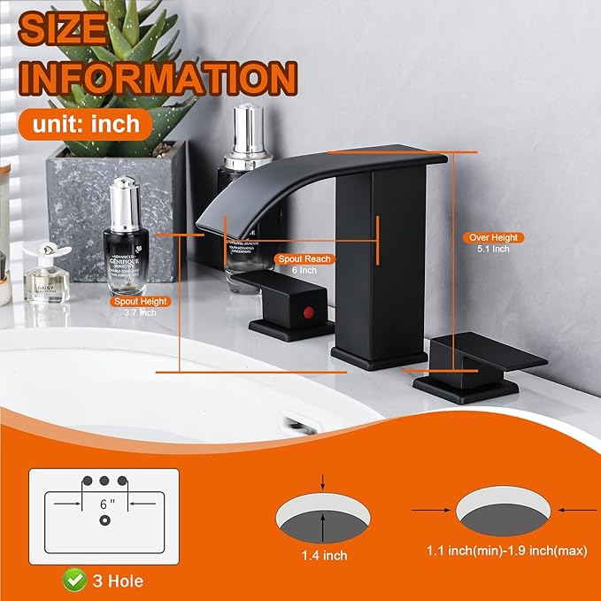 Bathroom Faucet 3 Hole, Matte Black Waterfall Bathroom Faucets, 8 Inch Widespread Modern Bathroom Sink Faucet & Parts, Wide Spread Touch On Three Hole 2 Handle Bath Vanity Faucet Mixer