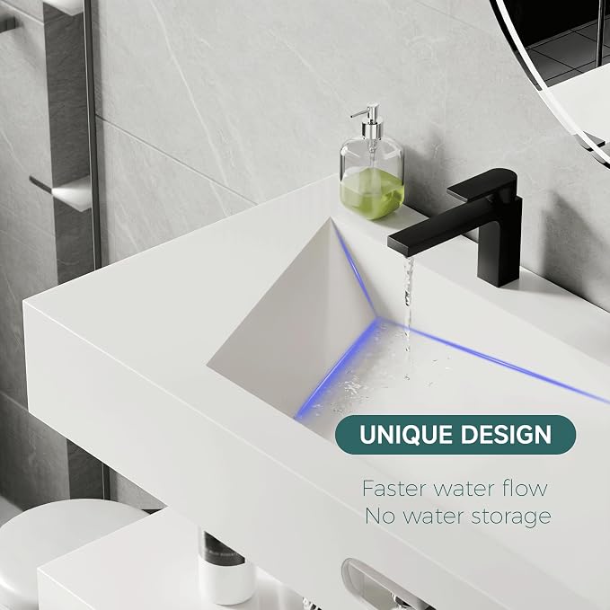 Wall-Mounted Resin Stone 32" Bathroom Sink, Seamless Integrated Vessel Sink with Sloped Design & Open Storage Shelf, Modern Floating Vanity for Bathrooms & Outdoor Spaces