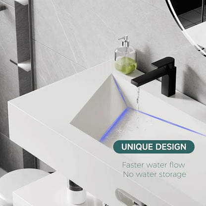 Wall-Mounted Resin Stone 32" Bathroom Sink, Seamless Integrated Vessel Sink with Sloped Design & Open Storage Shelf, Modern Floating Vanity for Bathrooms & Outdoor Spaces
