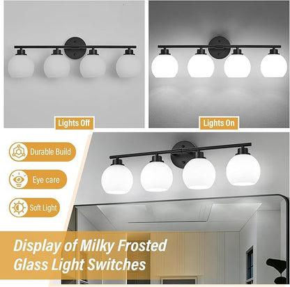 Matte Black Bathroom Light Fixtures, 4-Light Vanity Light Over Mirror | Modern Bathroom Lighting Over Mirror, Wall Sconces, Milky White Globe Glass Shades, E26 Socket,ETL Listed