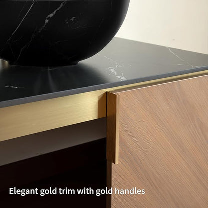 30" Floating Bathroom Vanity with Sink Combo, Modern Vanity with Vessel Sink, Wall-Mounted Plywood Bathroom Vanity Cabinet with Doors, Black Countertop and Round Basin,Brown Oak