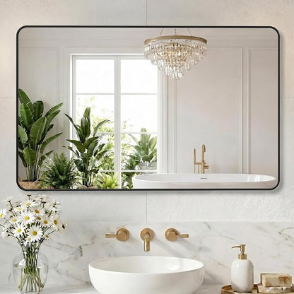 NEWBULIG Bathroom Wall Mirror, Vanity Mirror for Bathroom Sink, 30X48 Inch | Rectangle Rounded Corners, Metal Frame, Bedroom Entryway, Horizontal or Vertical Hang, Black