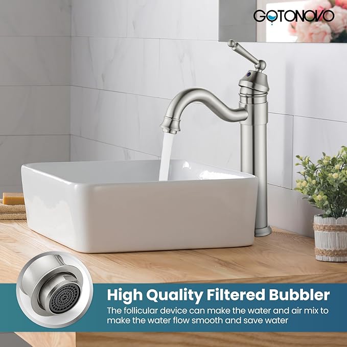 gotonovo Bathroom Vessel Sink Faucet Single Handle Brass Long Reach Bathroom Faucet 1 Hole Deck Mounted Mixer Tap with Pop Up Drain Brushed Nickel