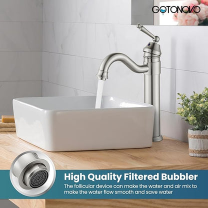 gotonovo Bathroom Vessel Sink Faucet Single Handle Brass Long Reach Bathroom Faucet 1 Hole Deck Mounted Mixer Tap with Pop Up Drain Brushed Nickel