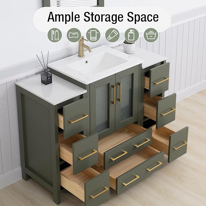 HOMEBEYOND 48 Inch Modern Bathroom Vanity with Sink & Mirror, Single Vanity Cabinet with Basin and Mirror, Dove-Tailed Drawers, Soft-Closing Doors, Wood, Vintage Green