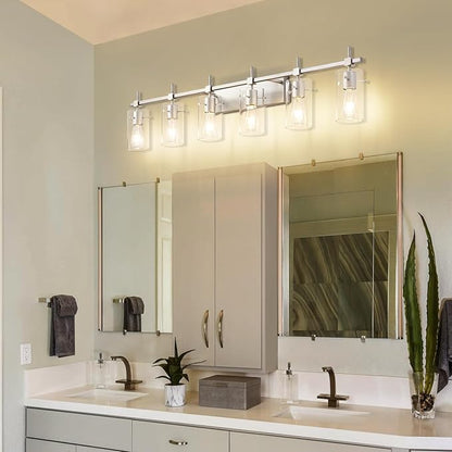 SOLFART 49.2 inch 6 Lights Vanity Light fixtures for Bathroom Vintage Bathroom Light Fixture Brushed Nickel Light Fixtures Above Mirror with Glass Shade (Exclude Bulb)