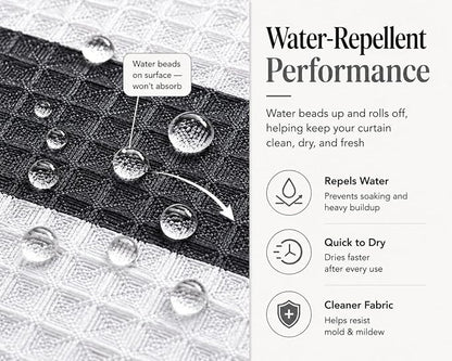 Dainty Home Ombre Waffle Weave Shower Curtain 70 x 72 Black Textured Fabric Shower Curtain, Hotel Style Waffle Weave Bathroom Curtain, Water Resistant Polyester Ombre Shower Curtain