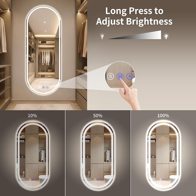 Oval LED Bathroom Mirror, 24"x 65" Led Full Length Mirror | Frameless Large LED Mirror with Front Light & Backlit, Anti-Fog, Dimmable Wall Mounted Lighted Mirror, Smart Bathroom Mirror