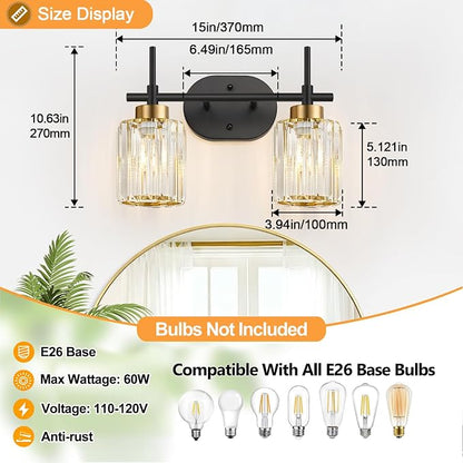 Modern Crystal Bathroom Vanity Light Fixtures, 2-Light Black and Gold Bathroom Wall Sconce Lighting for Over Mirror, Clear K9 Crystal Shades, E26 Base, Bulbs Not Included