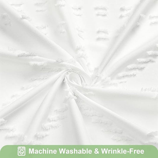 Boho White Woven Fabric Shower Curtain with Tassel 72 x 78 Modern Farmhouse Minimalist, Bohemia Tufted Chevron Striped Chic Textured, Waterproof Cloth Curtain for Bathroom, Hotel Decor